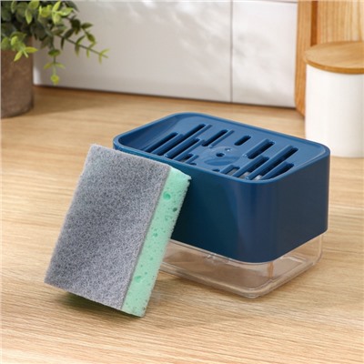 УЦЕНКА Дозатор для моющего средства с подставкой для губки, губка в комплекте, синий