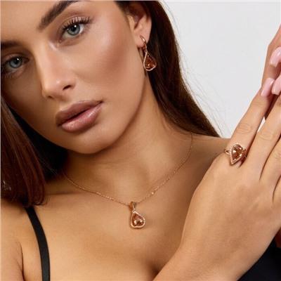 Комплект ювелирной бижутерии коллекция "Дубай" серьги, кулон и кольцо 19 р покрытие позолота, вставка: стекло и цирконы, цвет: шампань и прозрачный, арт.215.548-19