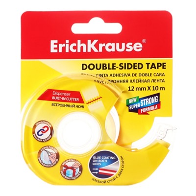 Двусторонняя клейкая лента ErichKrause, прозрачная, 12 мм×10 м, в диспенсере