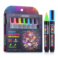 Набор маркеров меловых "Chalk Creative" 8 цветов, круглый корпус, двусторонний наконечник: пулевидный и скошенный, ширина линии 3 мм у пулевидного наконечника, 5 мм у скошенного наконечника