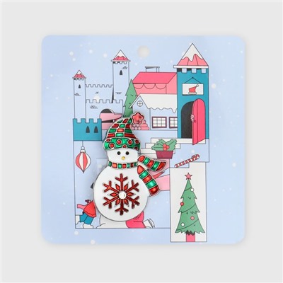 Брошь новогодняя «Снеговик» со снежинкой, цветная в серебре