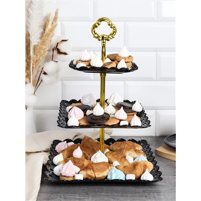 Ваза для фруктов 3-х ярусная 15/20/25 Квадрат черная / D-1265 /уп 100/ Пластик