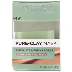 L'Oreal, Pure-Clay, отшелушивающая и сужающая поры маска, 3 натуральные глины + красные водоросли, 48 г (1,7 унции)