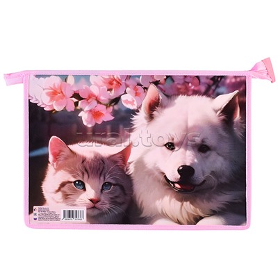 Папка для тетрадей А4 пластиковая, молния сверху с дизайном "Щенок и котенок" 2024