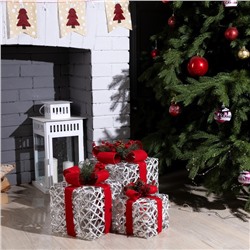 Светодиодная фигура «Серебристые подарки с красной лентой» 15, 20, 25 см, текстиль, металл, 220 В, свечение тёплое белое