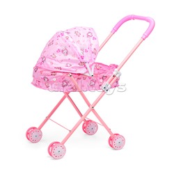Коляска кукольная (металлическая, складная, прогулочная с капюшоном, цвет розовый, с принтом) в пакете