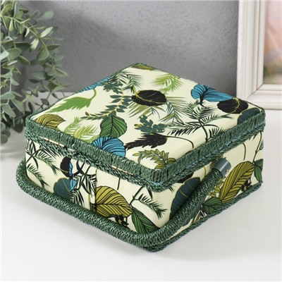 Шкатулка для рукоделия и шитья «Тропические листья на зелёном», хранение ниток, иголок, мелочи, 20×20×11 см