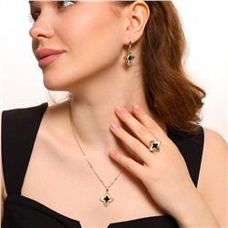 Комплект ювелирной бижутерии Итальянское золото (покрытие желтое 14к) в форме клевера, серьги, кулон на цепочке и кольцо 17 р, вставка: ювелирный пластик, цвет: черный, арт.213.417-17