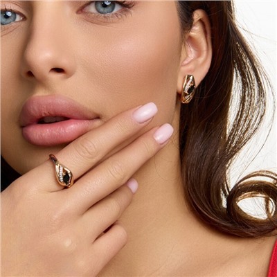 Комплект ювелирной бижутерии коллекция "Дубай" серьги и кольцо 19 р, покрытие позолота, вставка: фианиты и цирконы, цвет: черный и прозрачный, арт.215.681-19