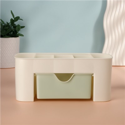 Органайзер для хранения косметики, 6 секций, с ящиком, 21×10.5×9 см, бежевый, зелёный