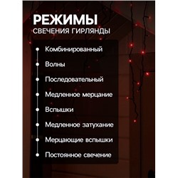 Гирлянда «Бахрома» 4×0.6 м, IP44, тёмная нить, 180 LED, свечение красное, 8 режимов, 220 В