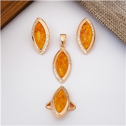 Комплект ювелирной бижутерии коллекция "Дубай" серьги, кулон и кольцо 17 р, покрытие позолота, вставка: искусственный янтарь, арт.007.116-17