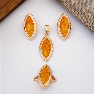 Комплект ювелирной бижутерии коллекция "Дубай" серьги, кулон и кольцо 17 р, покрытие позолота, вставка: искусственный янтарь, арт.007.116-17