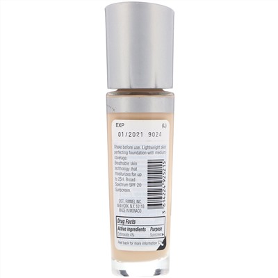 Rimmel London, Стойкая тональная основа Lasting Finish 25HR Breathable, оттенок 100 слоновая кость, 30 мл