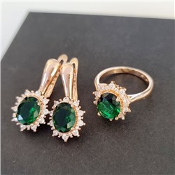 Комплект ювелирная бижутерия коллекция  "Дубай" серьги и кольцо 17 р, покрытие: позолота, вставка: фианиты, цвет: зеленый и прозрачный, арт.213.998-17