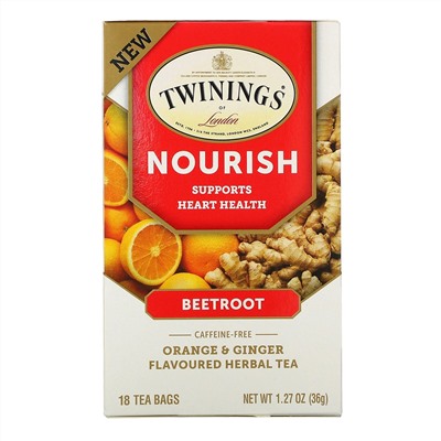Twinings, Nourish Herbal Tea, Beetroot, Orange & Ginger, Caffeine Free, 18 Tea Bags, 1.27 oz (36 g)