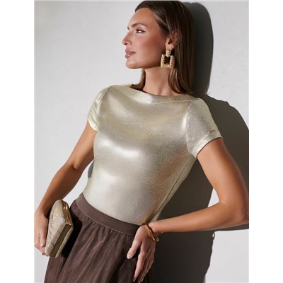 Футболка облегающая из хлопка в рубчик с вырезом лодочка с матовым покрытием металлик