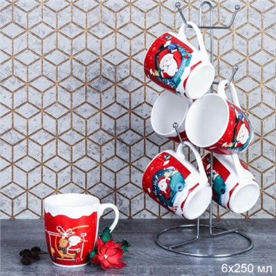 Кружка 6 штук на металлстенде 250 мл Новый год / XP021 /уп 96/