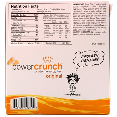 BNRG, Энергетический белковый батончик Power Crunch Original, крем с арахисовым маслом, 12 батончиков, вес каждого 40 г (1,4 унции)