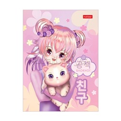 Записная книжка 64л А6 клетка/линия "Аниме с котиком" тв. переплет мат. ламин.