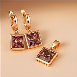 Комплект ювелирной бижутерии Дубайское золото: серьги и кулон с крупным камнем, покрытие позолота, вставка: фианит, цвет: бледно-сиреневый, арт.314.995