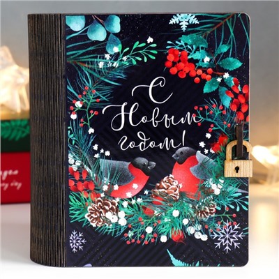 Новогодняя деревянная шкатулка-книга «Снегири» 14×12×5 см