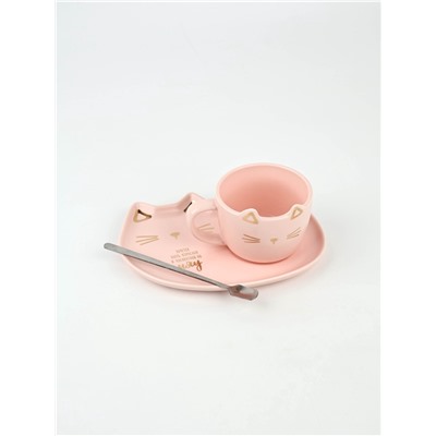 Чайная пара «Мяу»: кружка 200 мл, блюдце 18×11 см, ложка