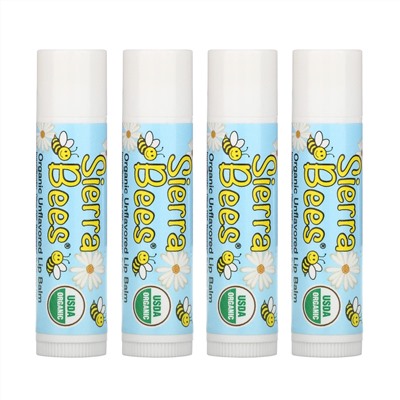 Sierra Bees, Органические бальзамы для губ, без вкуса, 4 шт. в упаковке, 0,15 унции (4,25 г) каждый