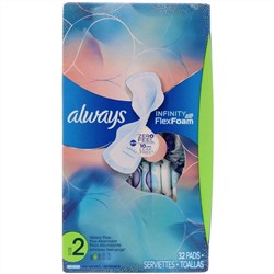 Always, Infinity Flex Foam with Flexi-Wings, размер 2, для впитывания увеличенного количества жидкости, без запаха, 32 прокладки
