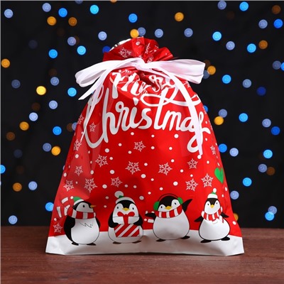 Пакет подарочный новогодний с завязками, «Пингвины», 24×32 см