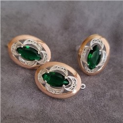 Комплект ювелирной бижутерии коллекция "Дубай",серьги и кольцо посеребрение с позолотой, вставка: камень зеленый, р-р 17,5, 09809, арт.216.379-17,5