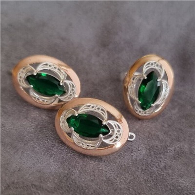 Комплект ювелирной бижутерии коллекция "Дубай",серьги и кольцо посеребрение с позолотой, вставка: камень зеленый, р-р 17,5, 09809, арт.216.379-17,5