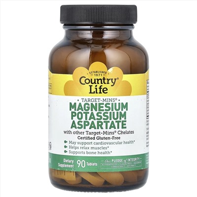 Country Life, Target-Mins, магний, калий, аспартат, 90 таблеток