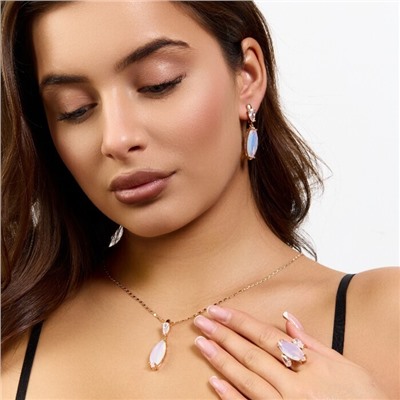 Комплект ювелирной бижутерии коллекция "Дубай" серьги, кулон и кольцо 17 р, покрытие позолота, вставка: стекло и фианиты, цвет: прозрачно-голубой и прозрачный, арт.414.244-17