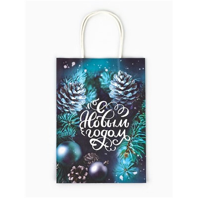 Пакет бумажный подарочный новогодний крафт «С Новым годом» 18×8×25 см