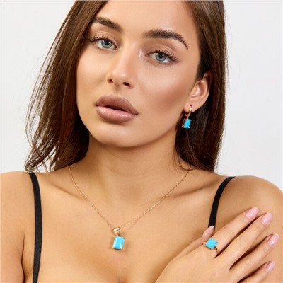 Комплект ювелирной бижутерии коллекция "Дубай" серьги, кулон и кольцо 17 р покрытие позолота, вставка: стекло, цвет: бирюзовый матовый, арт.215.581-17