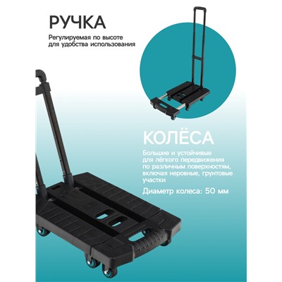 Тележка складная с раздвижной платформой, для перевозки грузов, нагрузка до 100 кг, телескопическая ручка, пластик, Greengo