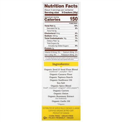 Simple Mills, Organic Seed Flour Crackers, Garlic & Herb, 4.25 oz (120 g)