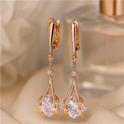 Серьги подвески длинные с белым камнем, покрытие позолота 585 пробы, арт.314.982