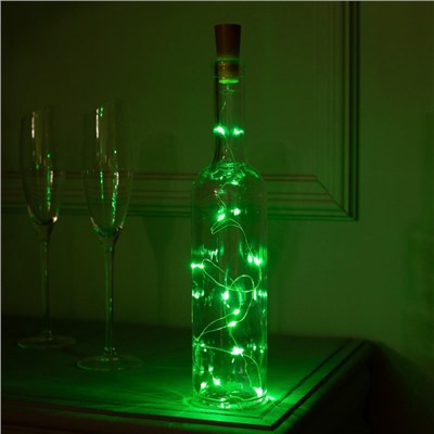 Гирлянда «Нить» 1 м роса с пробкой, IP20, серебристая нить, 10 LED, батарейки LR44×3 (в комплекте), свечение зелёное