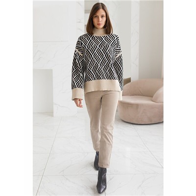 Свитер с боковыми разрезами жаккардовой вязки с кашемиром