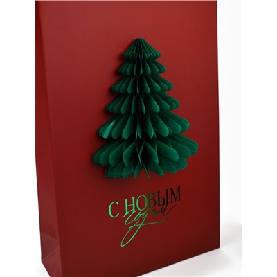 Пакет подарочный «Новый год», тиснение, с бумажной объёмной ёлкой, 25.5×30×9 см