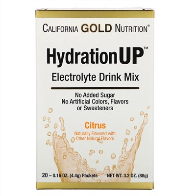 California Gold Nutrition, HydrationUP, смесь для приготовления электролитического напитка, цитрус, 20 пакетиков по 4,4 г (0,16 унции)