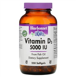 Bluebonnet Nutrition, витамин D3, 5000 МЕ, 250 мягких таблеток