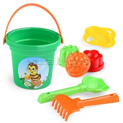 Набор №26: ведро малое, ситечко-цветок, совок №2, грабельки №2, 3 формочки