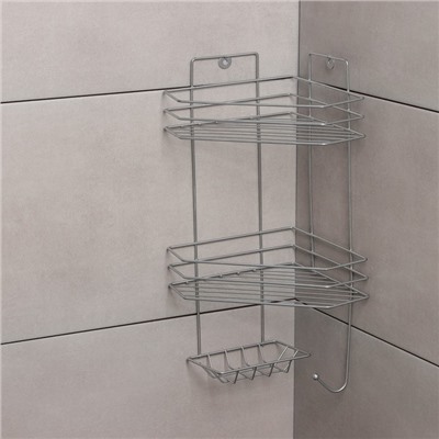 Полка угловая с мыльницей и вешалкой 2-х ярусная, 25.5×42.5 см, цвет хром