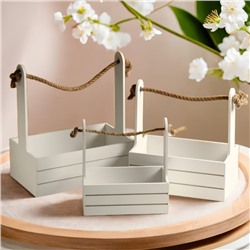 Подарочный ящик «Аром», деревянный, ручка - канат, белый, набор 3 шт.