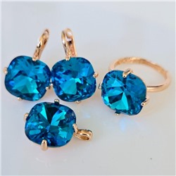 Комплект ювелирной бижутерии коллекция "Дубай" серьги, кулон и кольцо 17 р, покрытие позолота, вставка: искусственный кристалл под Сваровски, цвет: голубой, арт.314.815-17
