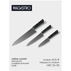 Набор кухонных ножей Magistro Hinshitsu, 3 шт.: овощной, универсальный, шеф, чёрный