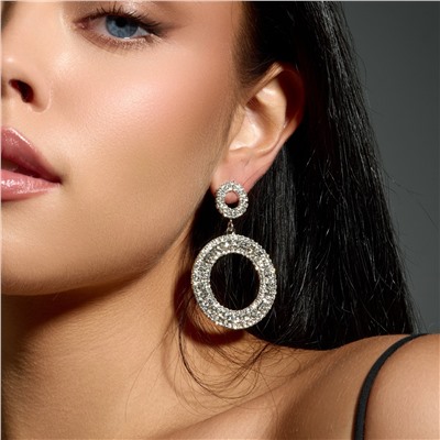 Серьги вечерние длинные кольца круглые со стразами, цвет серебристый, арт. 006.039